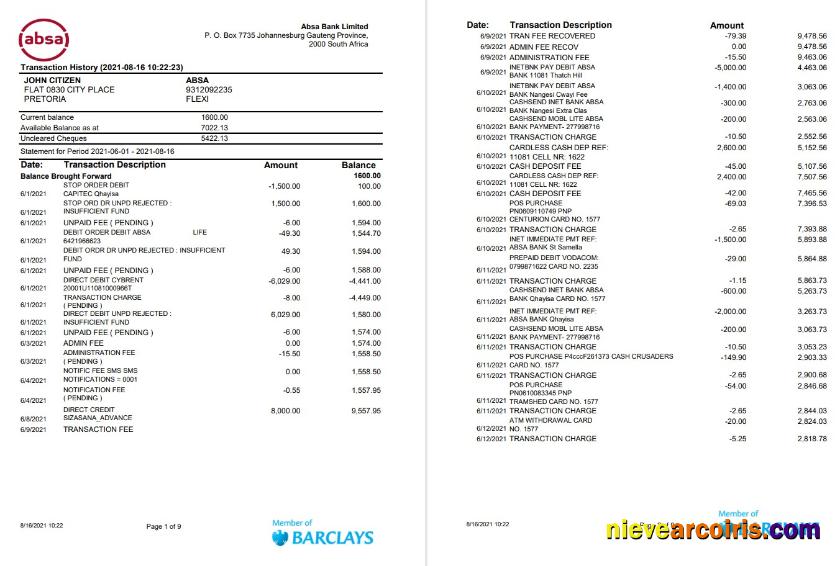 South Africa ABSA 9 pages excel pdf